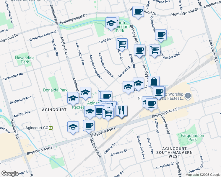 map of restaurants, bars, coffee shops, grocery stores, and more near 19 Dennett Drive in Toronto