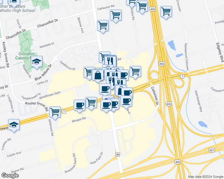 map of restaurants, bars, coffee shops, grocery stores, and more near in Vaughan