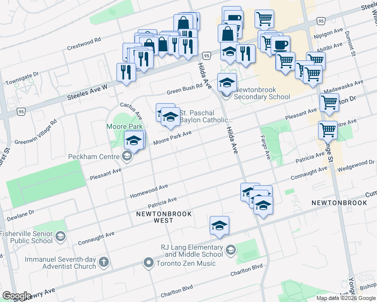 map of restaurants, bars, coffee shops, grocery stores, and more near 223 Pleasant Avenue in Toronto