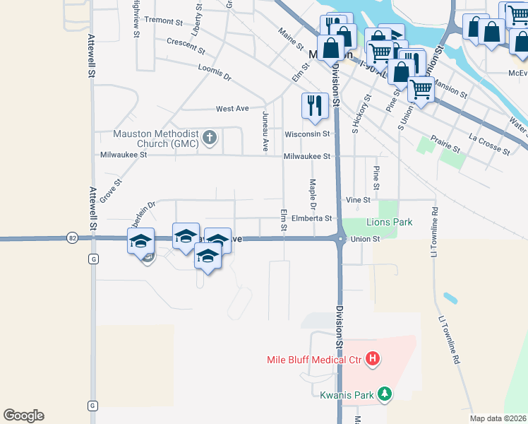 map of restaurants, bars, coffee shops, grocery stores, and more near 317 Emberta Street in Mauston