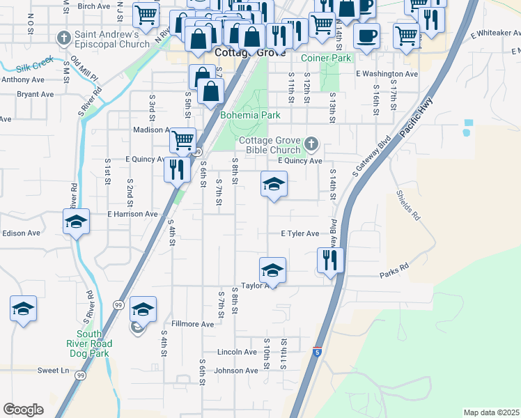 map of restaurants, bars, coffee shops, grocery stores, and more near 1000 South 10th Street in Cottage Grove