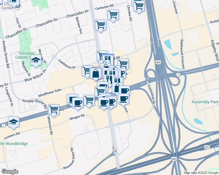 map of restaurants, bars, coffee shops, grocery stores, and more near 3700 Highway 7 West in Vaughan
