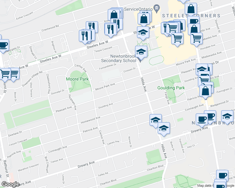map of restaurants, bars, coffee shops, grocery stores, and more near in Toronto