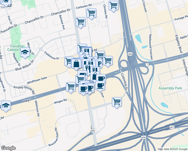 map of restaurants, bars, coffee shops, grocery stores, and more near 3600 Highway 7 West in Vaughan