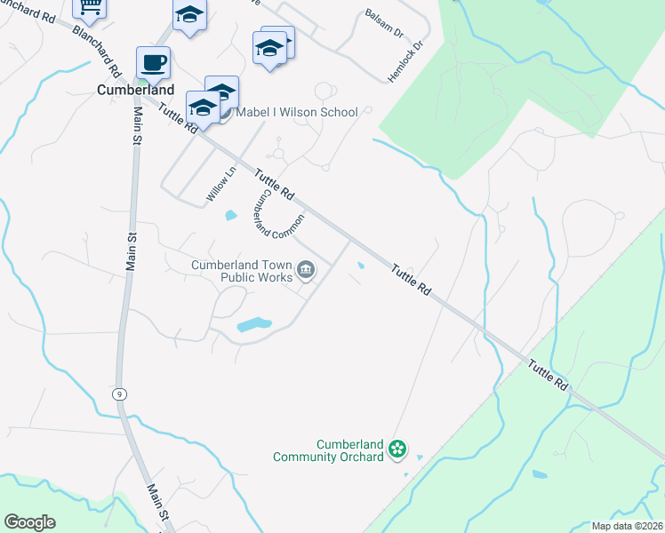 map of restaurants, bars, coffee shops, grocery stores, and more near 12 Drowne Road in Cumberland