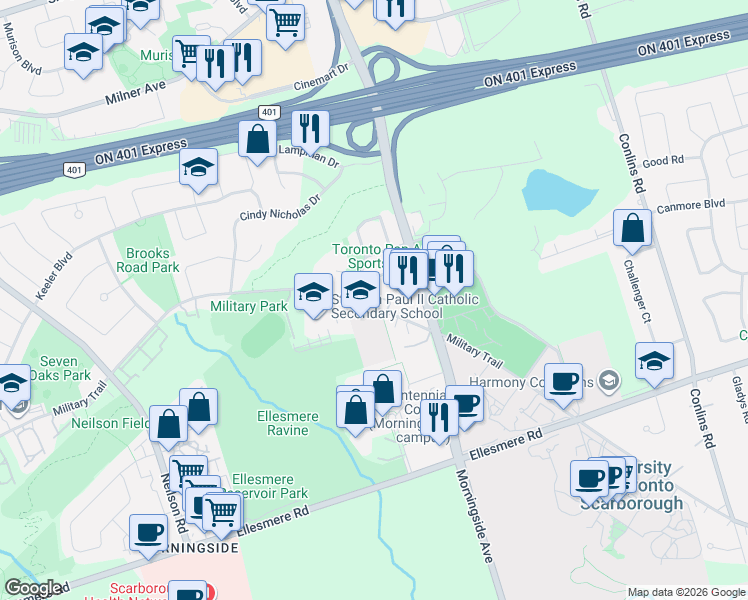map of restaurants, bars, coffee shops, grocery stores, and more near in Toronto