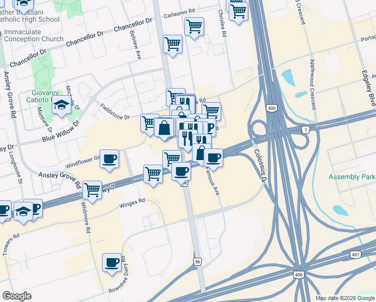 map of restaurants, bars, coffee shops, grocery stores, and more near 3700 Highway 7 in Vaughan