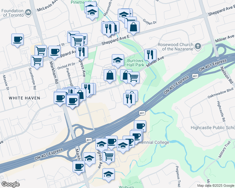 map of restaurants, bars, coffee shops, grocery stores, and more near in Toronto