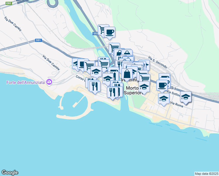 map of restaurants, bars, coffee shops, grocery stores, and more near 10 Via al Capo in Ventimiglia