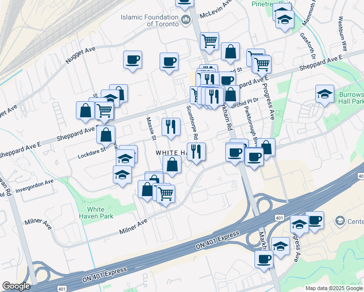 map of restaurants, bars, coffee shops, grocery stores, and more near in Toronto
