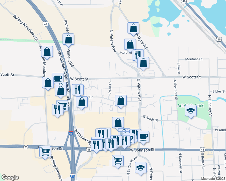 map of restaurants, bars, coffee shops, grocery stores, and more near 804 West Scott Street in Fond du Lac