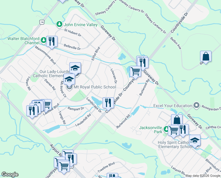 map of restaurants, bars, coffee shops, grocery stores, and more near 26 Fontainebleu Road in Brampton