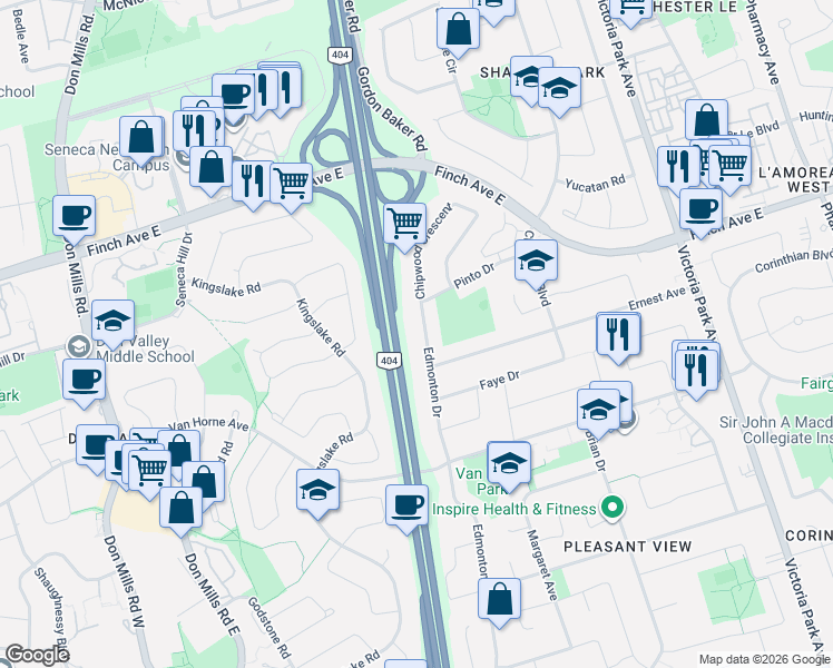 map of restaurants, bars, coffee shops, grocery stores, and more near 184 Edmonton Drive in Toronto