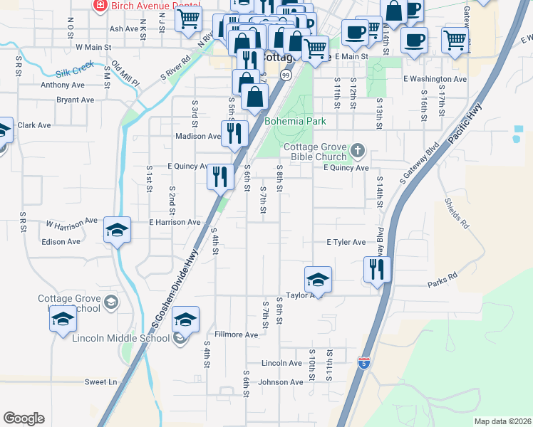 map of restaurants, bars, coffee shops, grocery stores, and more near 753 South 7th Street in Cottage Grove