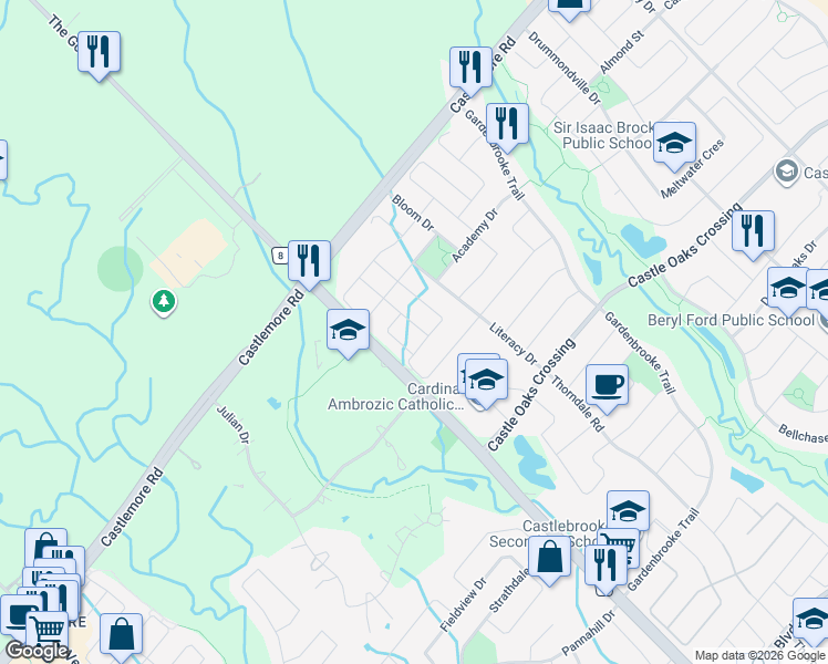 map of restaurants, bars, coffee shops, grocery stores, and more near 13 Currant Road in Brampton