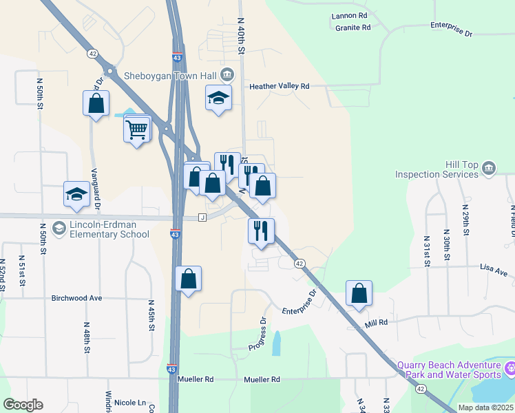 map of restaurants, bars, coffee shops, grocery stores, and more near 4217 North 40th Street in Sheboygan