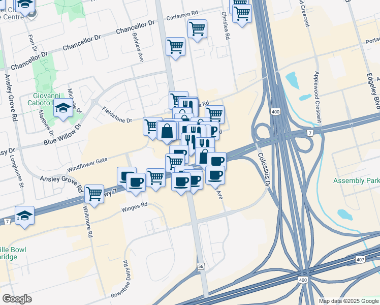 map of restaurants, bars, coffee shops, grocery stores, and more near in Vaughan