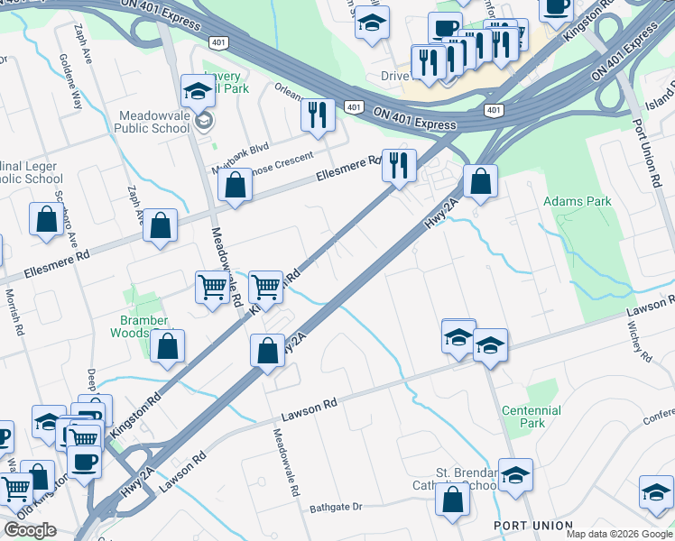 map of restaurants, bars, coffee shops, grocery stores, and more near 17 Culloden Court in Toronto