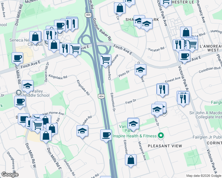 map of restaurants, bars, coffee shops, grocery stores, and more near 184 Edmonton Drive in Toronto