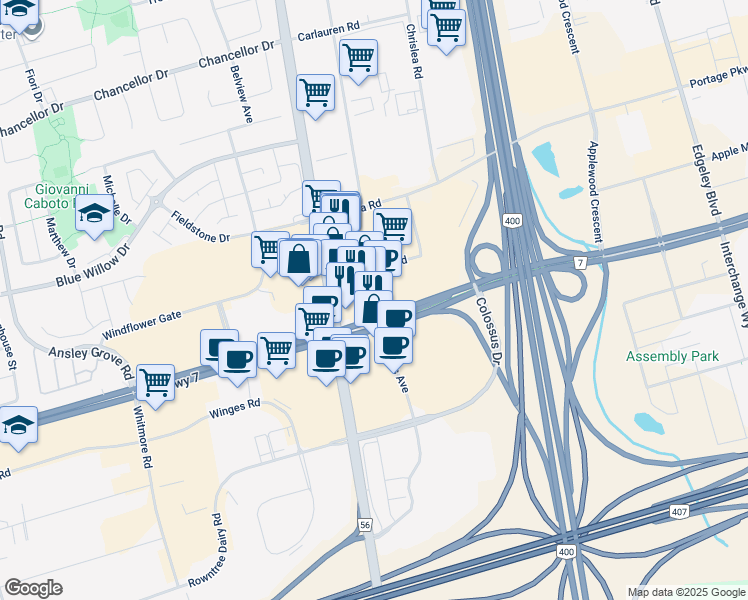 map of restaurants, bars, coffee shops, grocery stores, and more near 3600 Highway 7 West in Vaughan