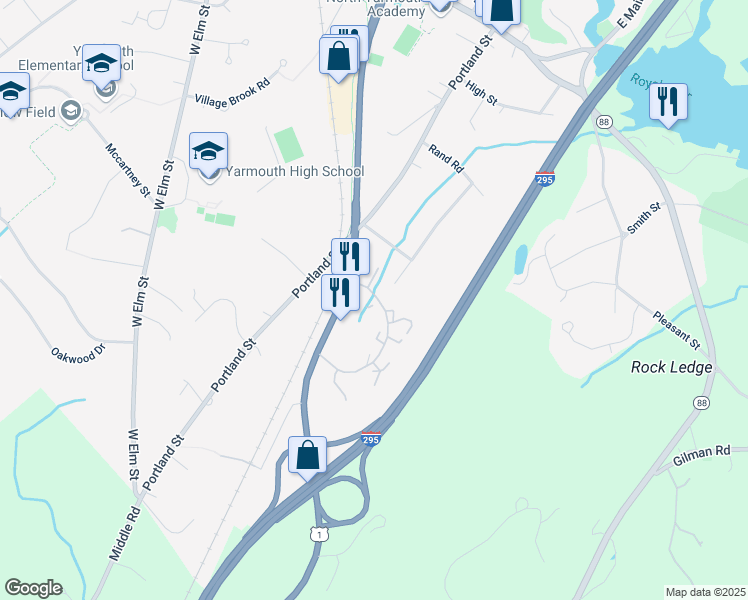 map of restaurants, bars, coffee shops, grocery stores, and more near 1 Amesbury Court in Yarmouth