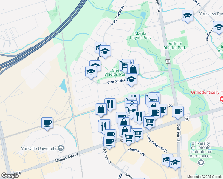 map of restaurants, bars, coffee shops, grocery stores, and more near Cog Hill Drive in Vaughan