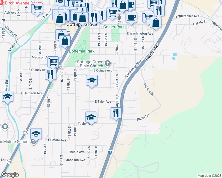 map of restaurants, bars, coffee shops, grocery stores, and more near 1200 East Van Buren Avenue in Cottage Grove