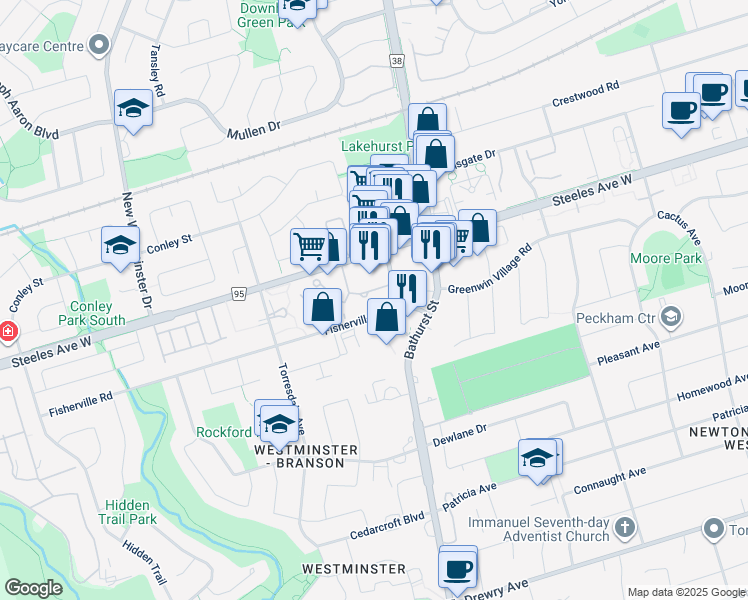 map of restaurants, bars, coffee shops, grocery stores, and more near 1057 Steeles Avenue West in Toronto