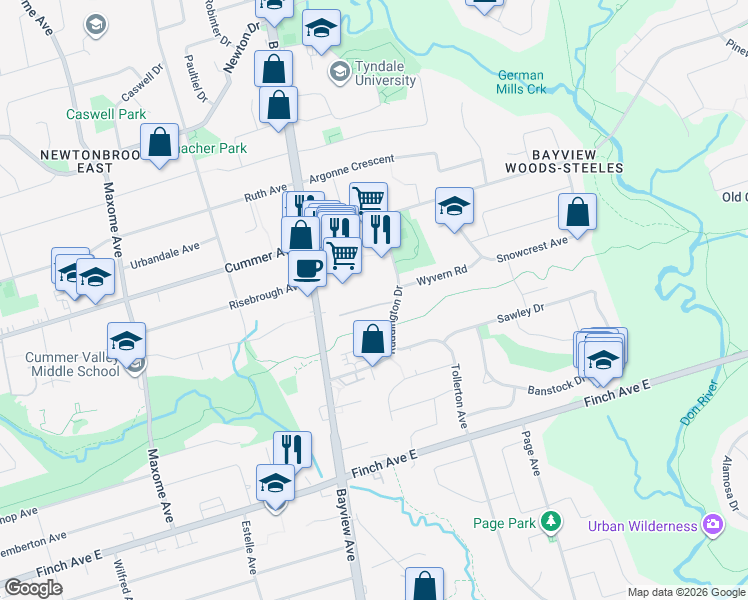 map of restaurants, bars, coffee shops, grocery stores, and more near 50 Ruddington Drive in Toronto