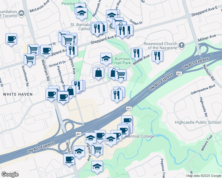 map of restaurants, bars, coffee shops, grocery stores, and more near 455 Milner Avenue in Toronto