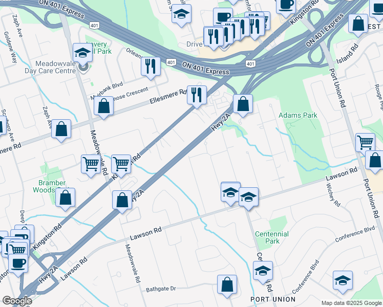 map of restaurants, bars, coffee shops, grocery stores, and more near 65 Cedarview Drive in Toronto