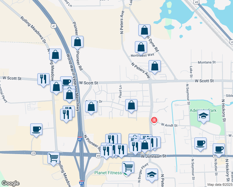 map of restaurants, bars, coffee shops, grocery stores, and more near 804 West Scott Street in Fond du Lac