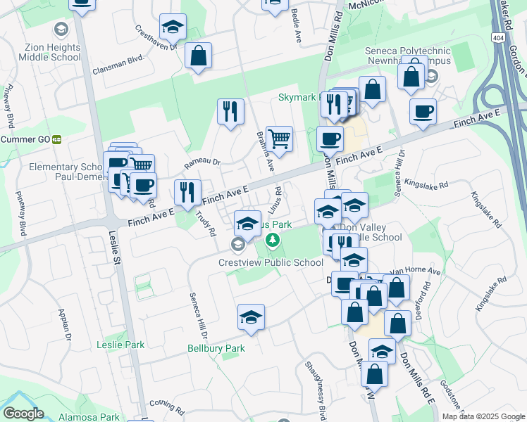 map of restaurants, bars, coffee shops, grocery stores, and more near 123 Rock Fern Way in Toronto