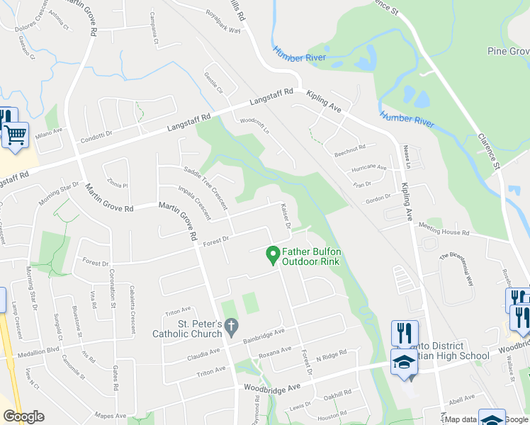 map of restaurants, bars, coffee shops, grocery stores, and more near 114 Kaiser Drive in Vaughan