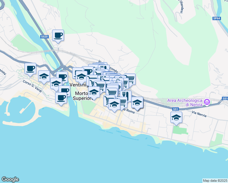 map of restaurants, bars, coffee shops, grocery stores, and more near 68 Via Camillo Benso Conte di Cavour in Ventimiglia