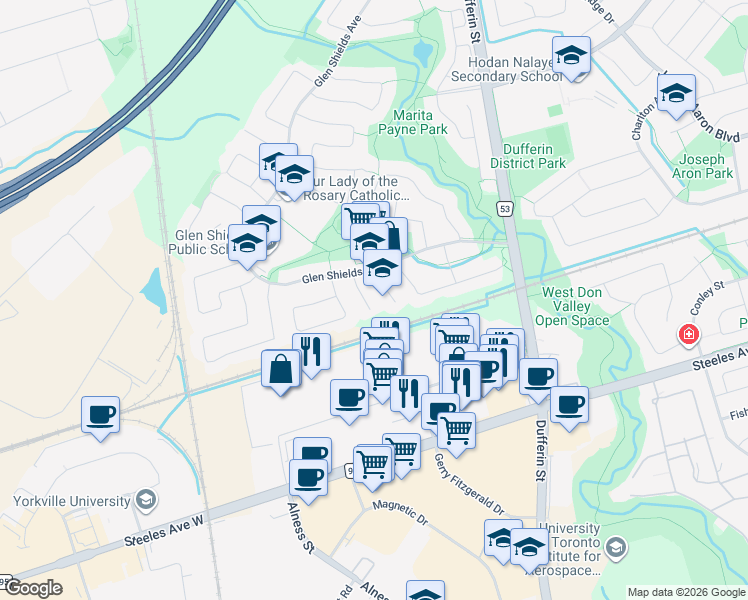 map of restaurants, bars, coffee shops, grocery stores, and more near 25 Royal Colwood Court in Vaughan