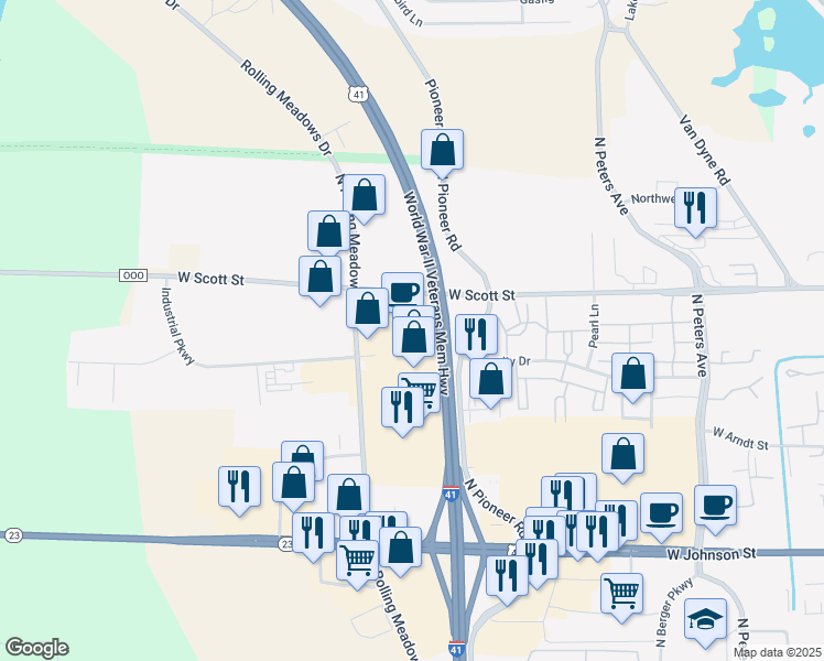 map of restaurants, bars, coffee shops, grocery stores, and more near 485 North Rolling Meadows Drive in Fond du Lac