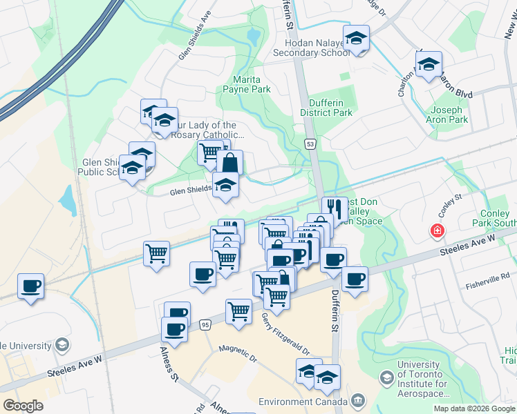 map of restaurants, bars, coffee shops, grocery stores, and more near 56 Riviera Drive in Vaughan