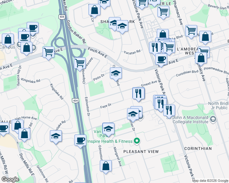 map of restaurants, bars, coffee shops, grocery stores, and more near in Toronto