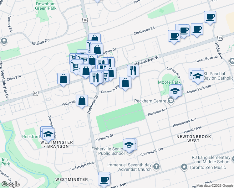 map of restaurants, bars, coffee shops, grocery stores, and more near 3 Regatta Crescent in Toronto