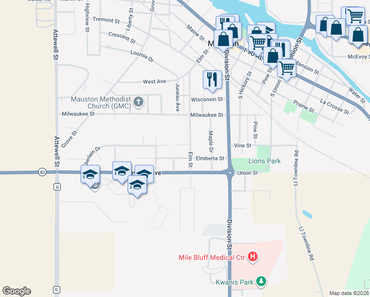 map of restaurants, bars, coffee shops, grocery stores, and more near 317 Emberta Street in Mauston