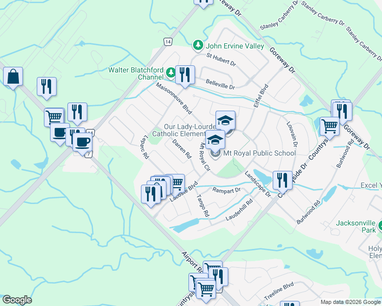 map of restaurants, bars, coffee shops, grocery stores, and more near 28 Regis Circle in Brampton