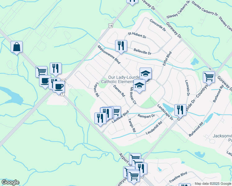map of restaurants, bars, coffee shops, grocery stores, and more near 15 Vernet Crescent in Brampton