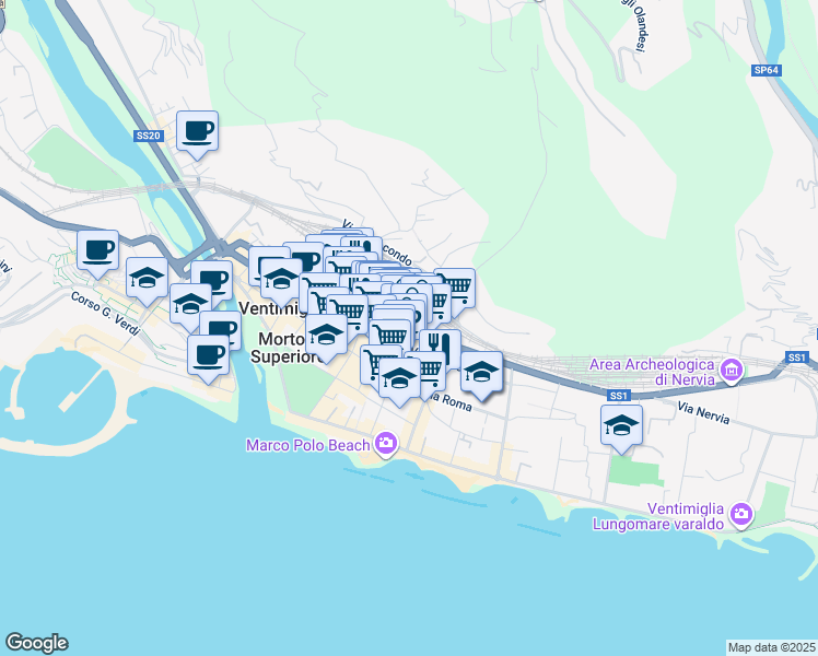 map of restaurants, bars, coffee shops, grocery stores, and more near 68 Via Camillo Benso Conte di Cavour in Ventimiglia