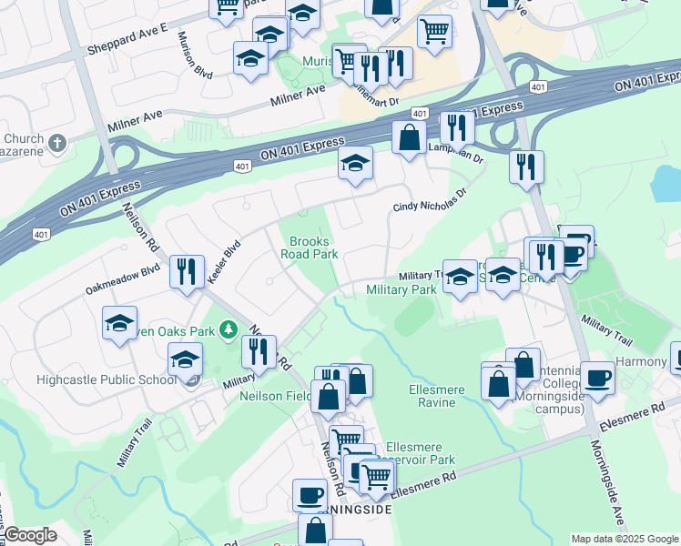 map of restaurants, bars, coffee shops, grocery stores, and more near 6 Dartmoor Drive in Toronto