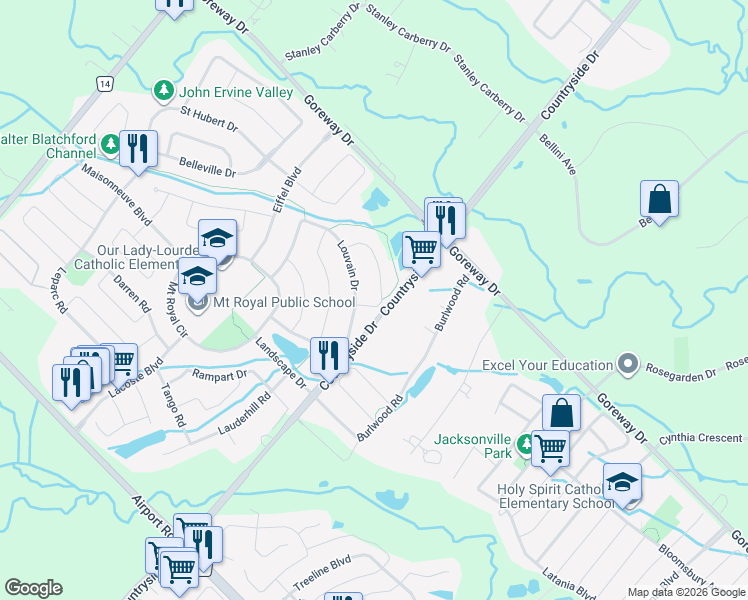 map of restaurants, bars, coffee shops, grocery stores, and more near 21 Adriatic Crescent in Brampton