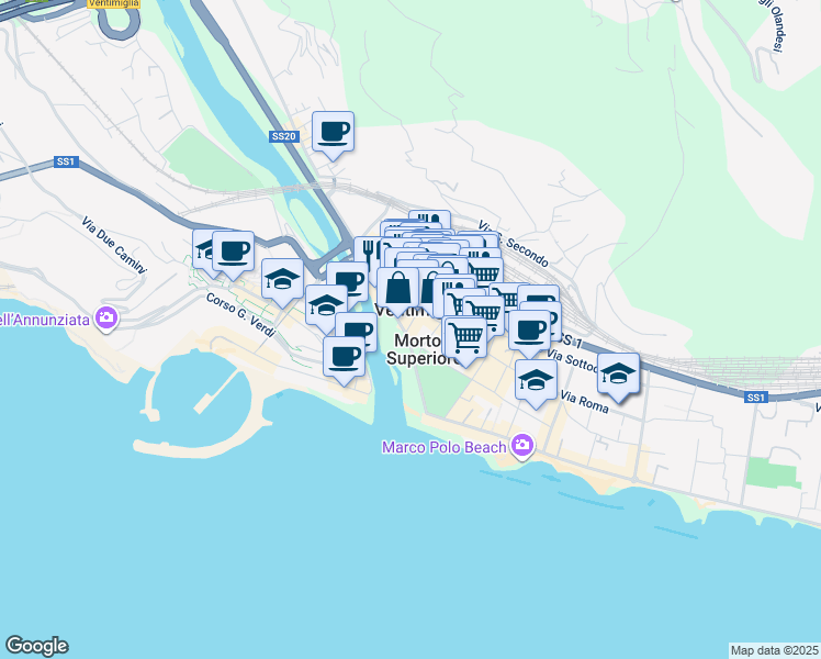 map of restaurants, bars, coffee shops, grocery stores, and more near 25 Via Martiri della Liberta in Ventimiglia