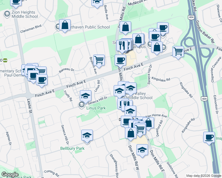 map of restaurants, bars, coffee shops, grocery stores, and more near 350 Seneca Hill Drive in Toronto