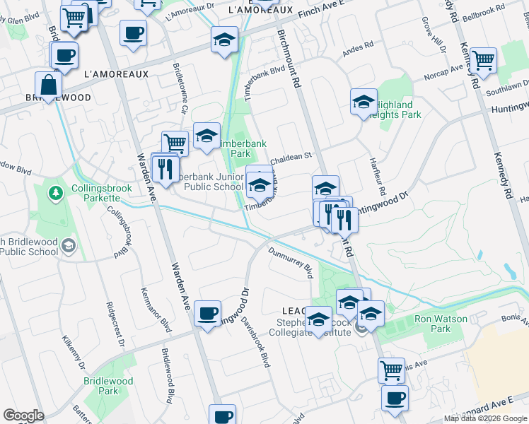 map of restaurants, bars, coffee shops, grocery stores, and more near 4 Fluellen Drive in Toronto