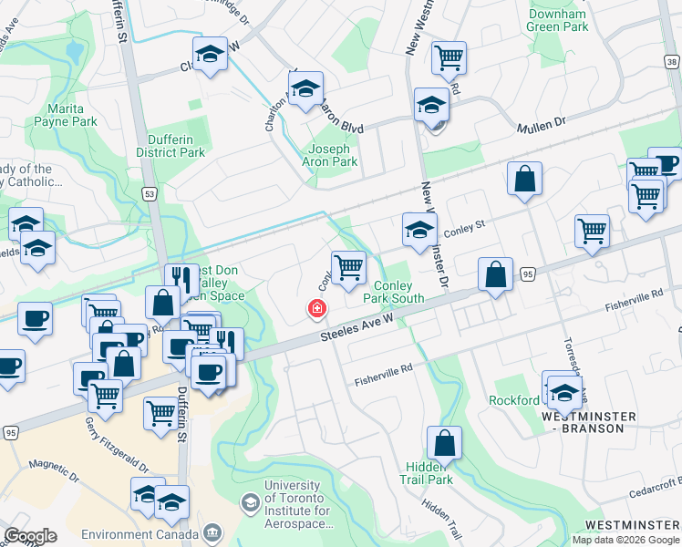 map of restaurants, bars, coffee shops, grocery stores, and more near 87 Conley Street in Vaughan